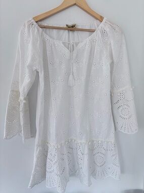 White Eyelet Mini Dress with Tassel Tie